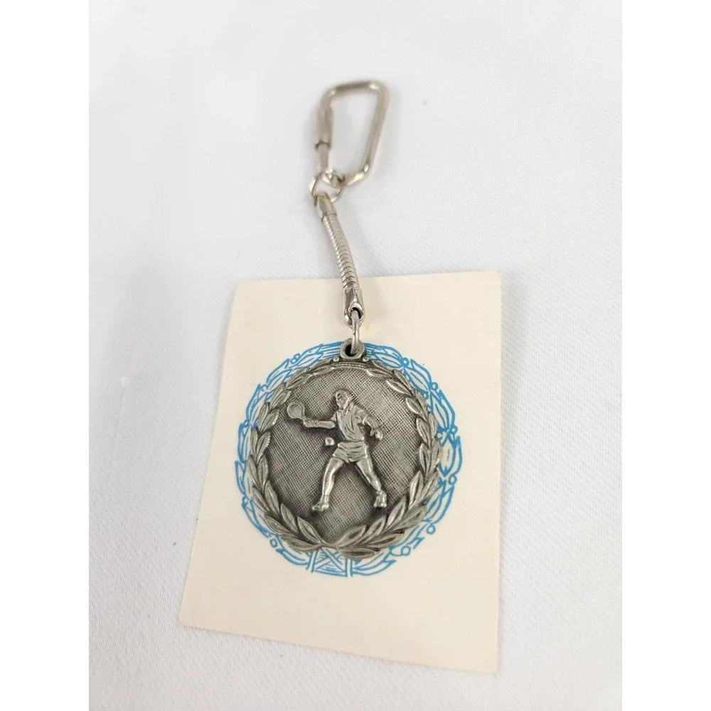 Vintage 1970 City Champ Winner Pewter Tennis Player Racket Keychain Keyring Fob